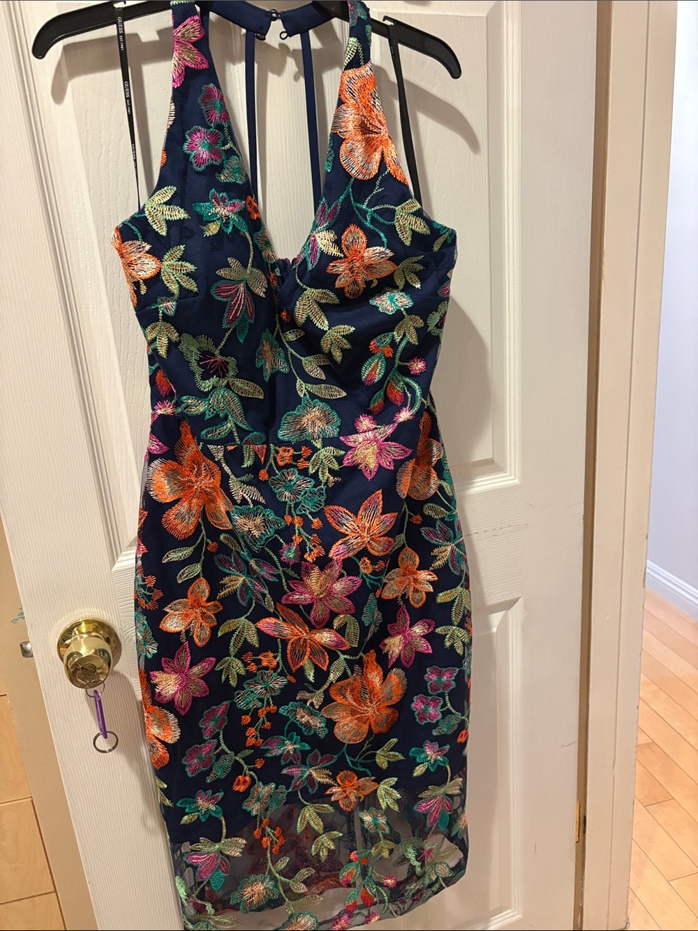 Guess Navy Midi Dress with Multicolor Floral Embroidery